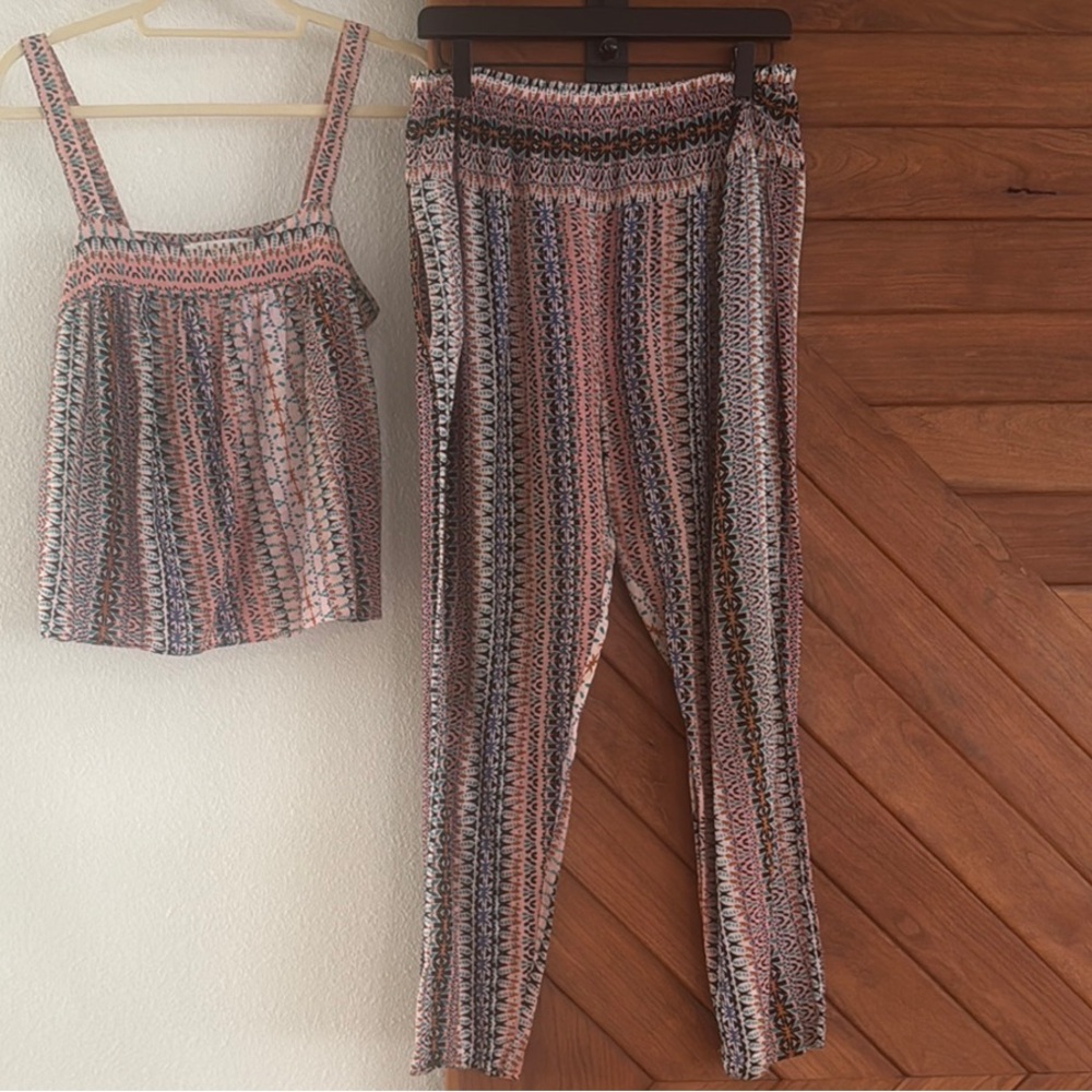 XiRENA Pink and Orange patterned top & pants. Wear separately or as a jumpsuit.